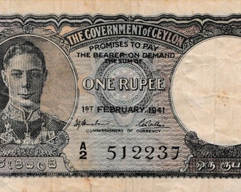 CEYLON 1 Rupee Banknote 1941 - P 34 - King George VI - A2 512237 XF