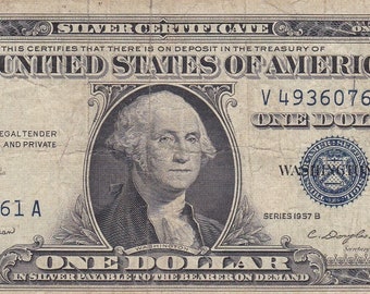 1957 Silver Certificate One Dollar Bill: Blue Seal Note, Serial #V4930761A