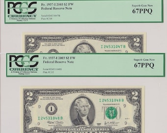 2003 United States 2 Dollars FRN Minneapolis - 2 Consecutive Serial Numbers - Fr.1937-I 2003 FW - PCGS 67