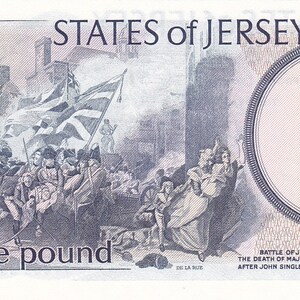 May include: A Jersey one-pound note featuring a detailed illustration of a battle scene with soldiers and a flag. The note has a large blank circle on the right and the text "STATES of JERSEY" at the top.