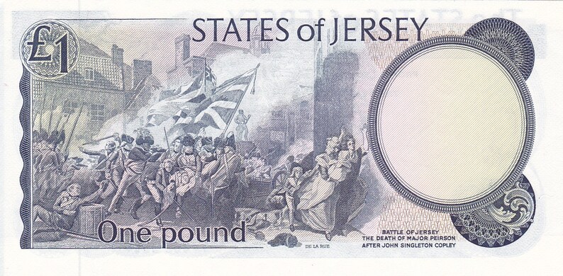 May include: A Jersey one-pound note featuring a detailed illustration of a battle scene with soldiers and a flag. The note has a large blank circle on the right and the text "STATES of JERSEY" at the top.
