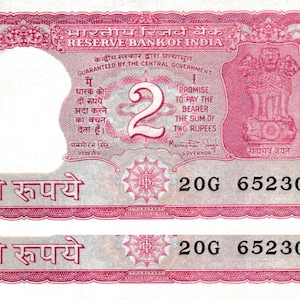 India 2 Rupees ND (1984-1992) Banknotes P53Aa Signature Manmohan Singh Correct Urdu Pair Serial 652305/306 UNC