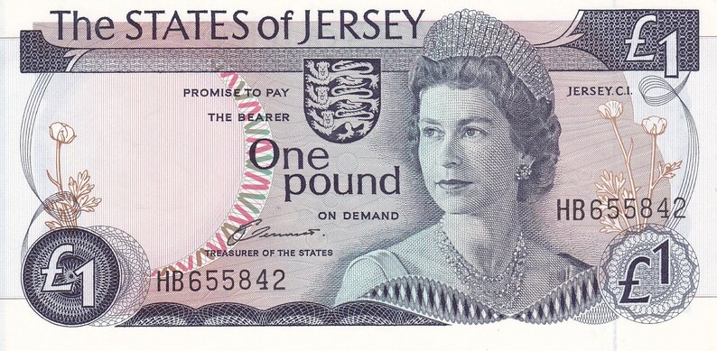 May include: A Jersey one-pound banknote featuring a portrait of Queen Elizabeth II wearing a tiara and necklace. The note includes the text "The STATES of JERSEY" and "One pound". The serial number is HB655842.