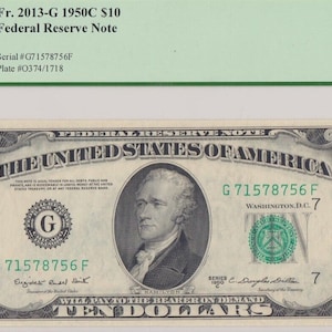 May include: A graded $10 US Federal Reserve Note from 1950C with a serial number G71578756F. The note is in gem new condition and has a grade of 65PPQ.