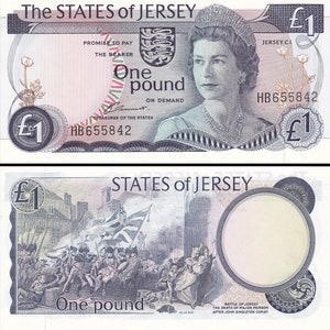 May include: A Jersey one-pound banknote featuring a portrait of a woman wearing a tiara and necklace. The front of the note includes the text "The STATES of JERSEY" and "One pound". The back depicts a historical battle scene.