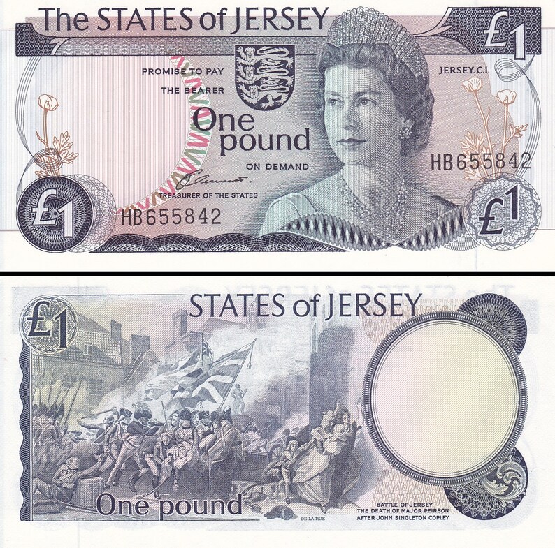 May include: A Jersey one-pound banknote featuring a portrait of a woman wearing a tiara and necklace. The front of the note includes the text "The STATES of JERSEY" and "One pound". The back depicts a historical battle scene.