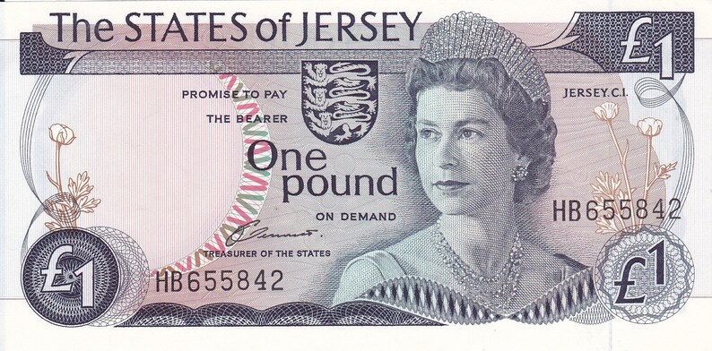 May include: A Jersey one-pound banknote featuring a portrait of Queen Elizabeth II, with the text "The STATES of JERSEY" at the top. The note includes the text "PROMISE TO PAY THE BEARER One pound ON DEMAND". The serial number is HB655842.