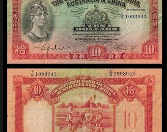 Hong Kong 10 Dollar Banknote 1948 The Chartered Bank India Australia China T/G1093942