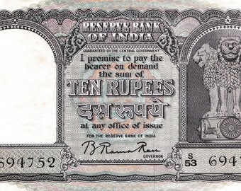 India 10 Rupees (1949-1957) Banknote P39, Signature B. Rama Rau, Pinhole UNC