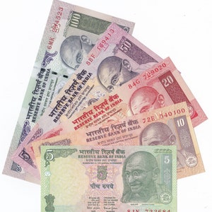 Gandhi India Rupee Currency Paper Money Bank Notes 5-10-20-50-100 set of 5 Notes