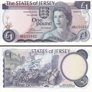 May include: A Jersey one-pound banknote featuring a portrait of a woman wearing a tiara and necklace. The front of the note includes the text "The STATES of JERSEY" and "One pound". The back depicts a historical battle scene.
