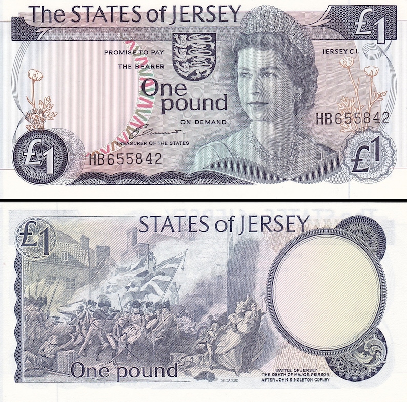 May include: A Jersey one-pound banknote featuring a portrait of a woman wearing a tiara and necklace. The front of the note includes the text "The STATES of JERSEY" and "One pound". The back depicts a historical battle scene.