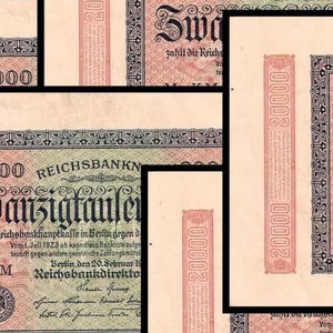1923 Germany Rare Collection of 5 Large 20,000 German Mark Banknotes Vintage set Collecible