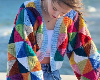 Modèle au crochet, modèle PDF de veste kaléidoscope à géométrie au crochet, cardigan carré grand-mère, pull femme, cardigan harry styles