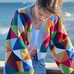 Modèle au crochet, modèle PDF de veste kaléidoscope à géométrie au crochet, cardigan carré grand-mère, pull femme, cardigan harry styles