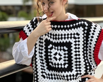 Crochet pattern, Black and white vest PDF pattern, granny square cardigan, women's sweater, crochet pullover tutorial by Tania Skalozub