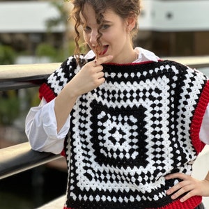 Crochet pattern, Black and white vest PDF pattern, granny square cardigan, women's sweater, crochet pullover tutorial by Tania Skalozub image 1