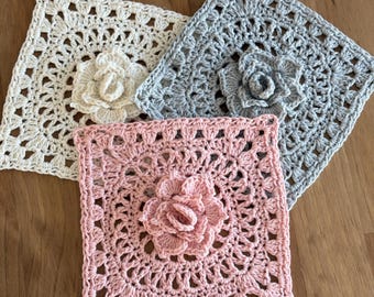 3D Flower Granny Square Pattern, Crochet PDF with Video Tutorial, Floral Blanket Square, Sweater Cardigan Block