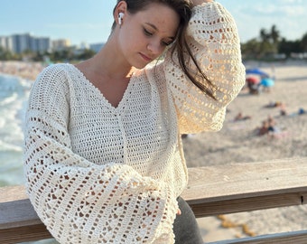 Crochet pattern, Crochet White Lace Sweater PDF Pattern (instant download), vintage cardigan, women's pullover