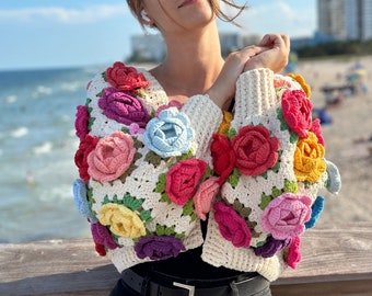 Modèle au crochet, modèle PDF de veste de jardin ROSE au crochet (téléchargement instantané), cardigan carré grand-mère, pull pour femme, cardigan harry styles