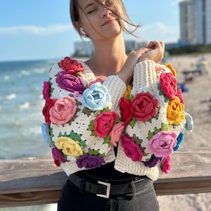 Crochet pattern, Crochet ROSE Garden Jacket PDF Pattern (instant download), granny square cardigan, women's sweater, harry styles cardigan