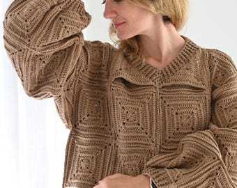 Crochet Sweater Pattern PDF, Granny Square Sweater Pattern, Crochet Pullover Pattern Women, Crochet Jumper Pattern, Espresso Time Sweater