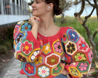 Crochet Vintage Floral Sweater PDF Pattern (instant download), Crochet African flower sweater PDF Pattern