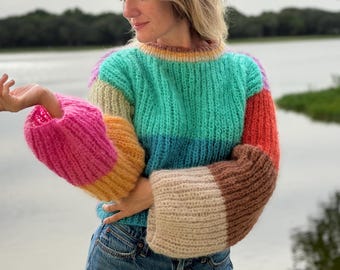 Rainbow Remix Sweater Knitting Pattern, Colorful Fisherman’s Rib Pullover, Sizes XS–2XL