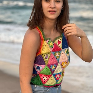 Crochet pattern, Crochet granny stitch triangle summer top, crocheted t-shirt instant download instructions and video, women colourful tank