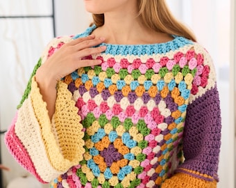 Crochet pattern, Crochet Amelie Granny Square sweater, chunky oversized sweatshirt video tutorial, women winter jumper, cozy pullover
