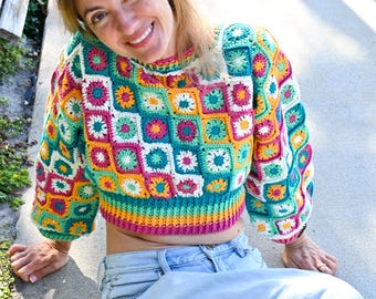 Crochet Sweater Pattern PDF, Granny Square Sweater Pattern,  Crochet Crop Sweater,  Colorful Crochet Top,  Women Sweater