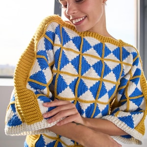 Crochet Sweater Pattern PDF – Blue Matrix Geometric Granny Squares Jumper – Instant Download – Modern Triangle Motif – Sizes XS–2XL