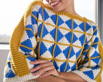 Crochet Sweater Pattern PDF – Blue Matrix Geometric Granny Squares Jumper – Instant Download – Modern Triangle Motif – Sizes XS–2XL