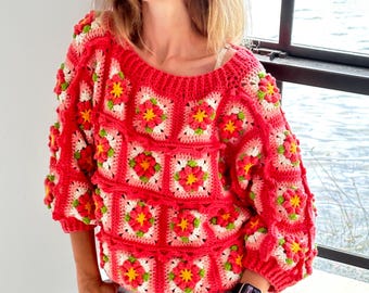 Crochet Sweater Pattern PDF, Flower Granny Square Sweater,  Strawberry Bloom Crochet Pullover,  Women Crochet Pattern,  Granny Square Jumper