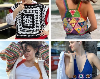 4 Crochet Patterns -  Granny square bralette, Triangle summer top, Cozy linen stitch sweater, Black and white vest by Tania Skalozub