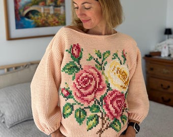 Tunisian Crochet Sweater Pattern, Cross Stitch Embroidery PDF,  La Vie en Fleurs
