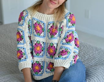Crochet Sweater Pattern PDF, Flower Granny Square Sweate,  Crochet Pullover Pattern,  Women Crochet Top,  Infinity Sweater