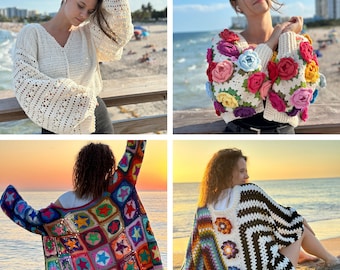 4 Crochet Patterns -  White Lace Sweater, Rose garden Jacket, Star Cardigan, Butterfly Cardigan by Tania Skalozub