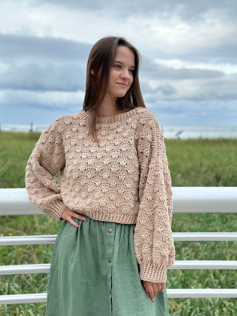 May include: A beige crocheted sweater with a textured pattern and long sleeves. The sweater is cropped and has a relaxed fit.