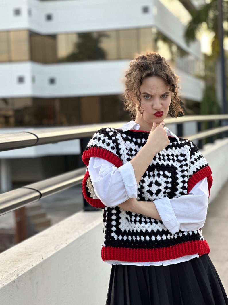 Crochet pattern, Black and white vest PDF pattern, granny square cardigan, women's sweater, crochet pullover tutorial by Tania Skalozub image 7