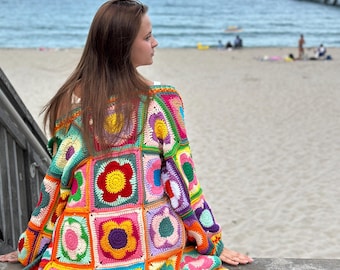 Crochet pattern, Crochet Floral Blooming Cardigan PDF Pattern, women's sweater, harry styles cardigan, quilted patchwork sweater