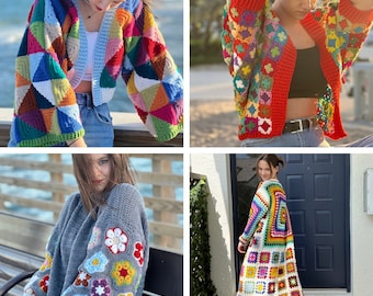 4 Crochet Patterns -  Mosaic Cocoon shrug, Granny Square cardigan, Geometry Triangle jacket, African Flower sweater by Tania Skalozub