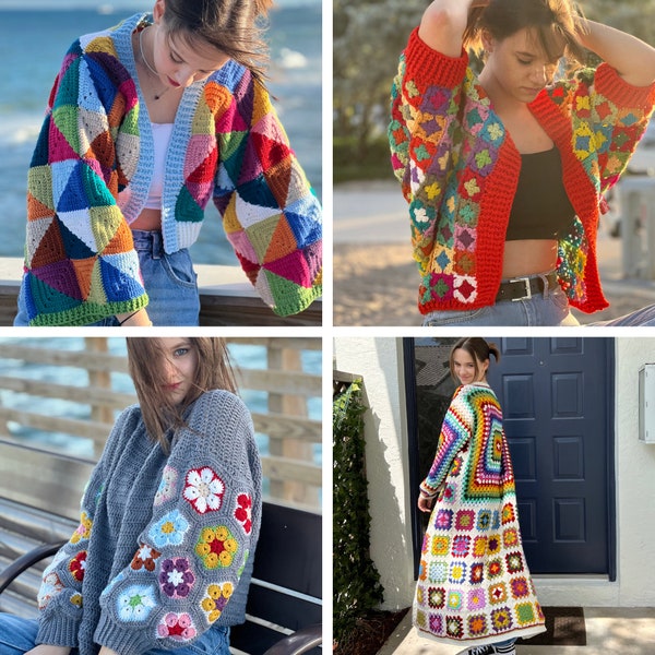 4 motifs au crochet : haussement d'épaules mosaïque cocon, cardigan carré grand-mère, veste triangle géométrique, pull à fleurs africaines par Tania Skalozub