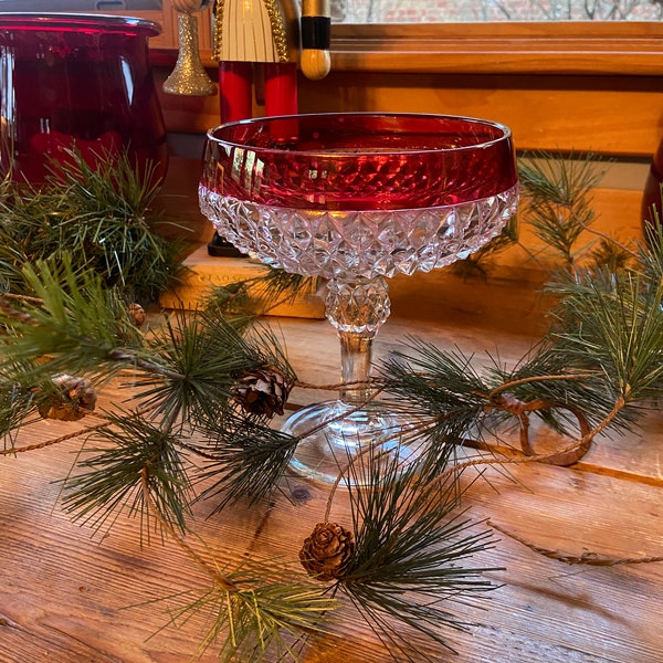 Vintage Cranberry Glass Compote. Diamond Point Pedestal with Cranberry Flash. Stemmed Glassware. Crystal Candy Dish. Collectible Glassware.