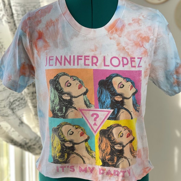Ice Dye Graphic T-Shirt Small Pink/Blue Cropped Jennifer Lopez