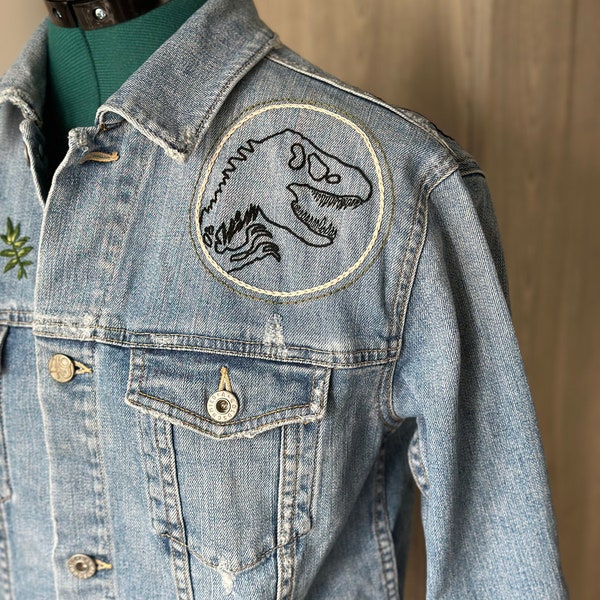 Hand Embroidered Denim Jacket Jurassic Park | Adriano Goldschmied Small | Jean Jacket