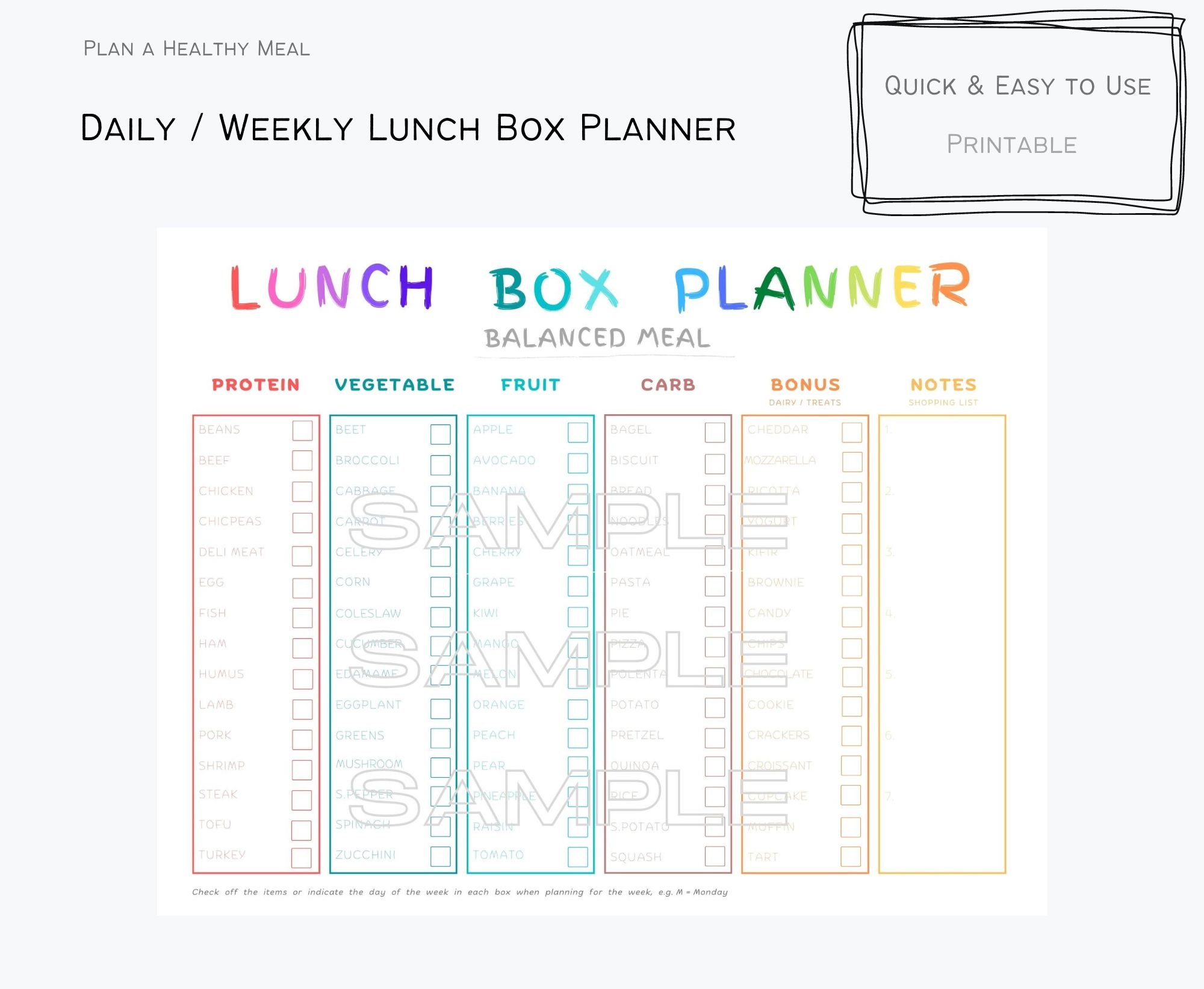 Printable Weekly Lunch Box Planner With Nut Allergy Free Etsy