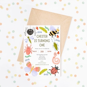 INVITO BUG PER BAMBINI / invito di compleanno ad acquerello / festa di minibestie striscianti insetti striscianti / disegnato a mano / download modificabile / modello Canva