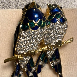 D'Orlan Signed Pair of Birds Brooch. Triple 22kt gold plated w hand painted Blue & Green enamel. Handset Swarovski crystals. Vintage, New image 1