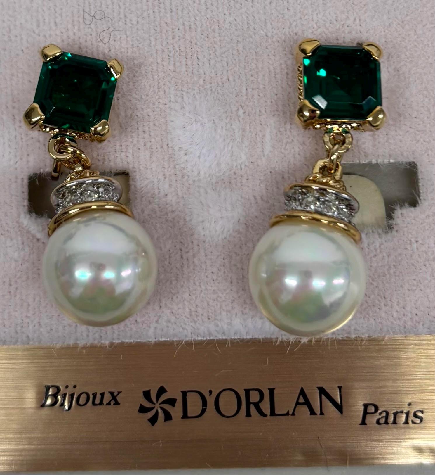 D'Orlan Clip Earrings,Triple 22kt gold plated,handset Swarovski crystals clear and emerald, Pearl, Designer, Signed, Vintage, Canadian, New